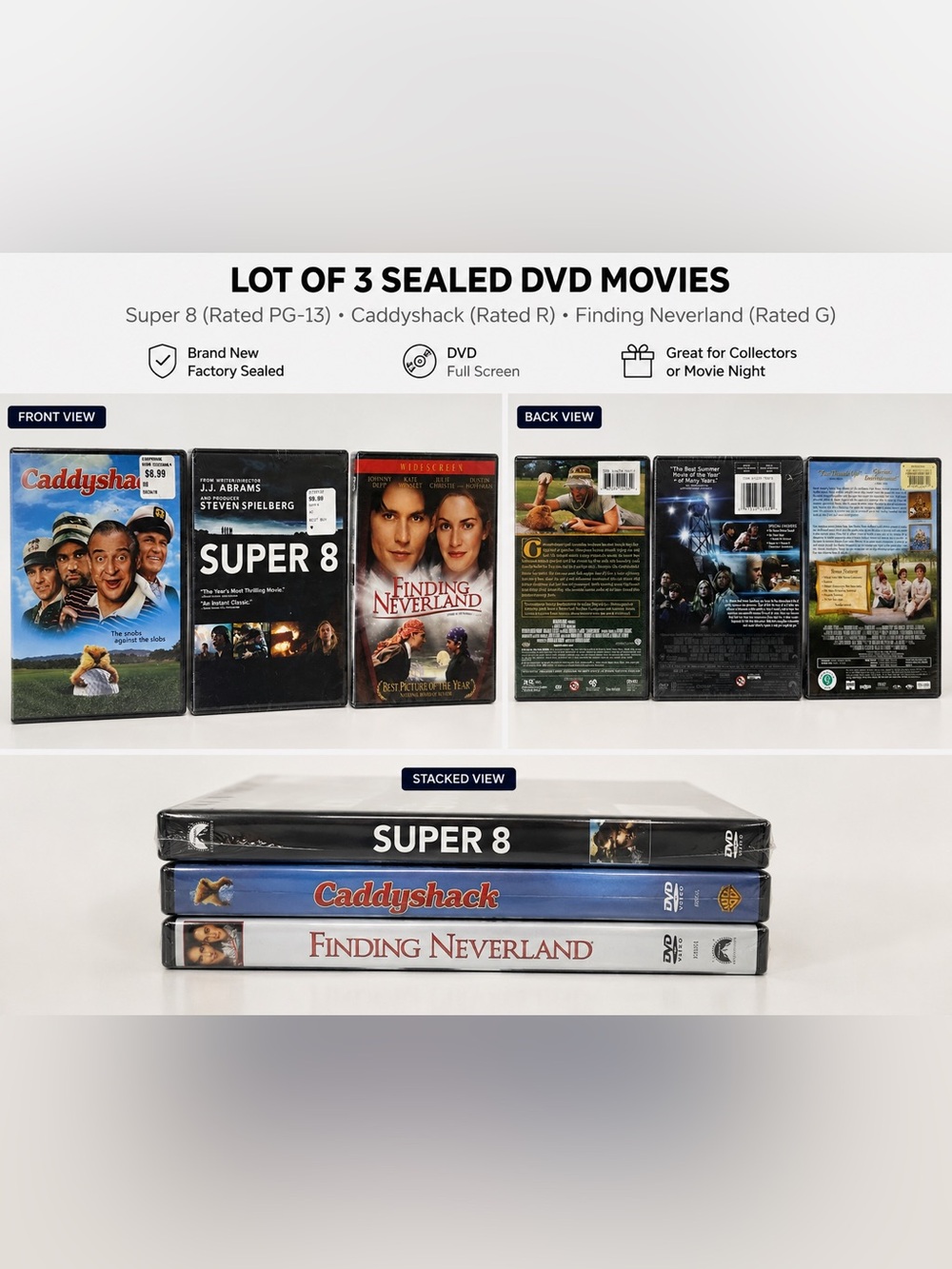 Lot of 3 Sealed DVD Movies Super 8 Caddyshack Finding Neverland New
